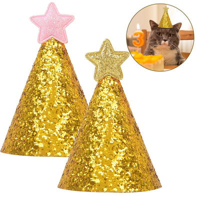 2pcs Fashion Pet Birthday Party Headwear Caps Hat Party Costume Headwear Glitter Sequin Stars Hats Pet Clothing Accessories