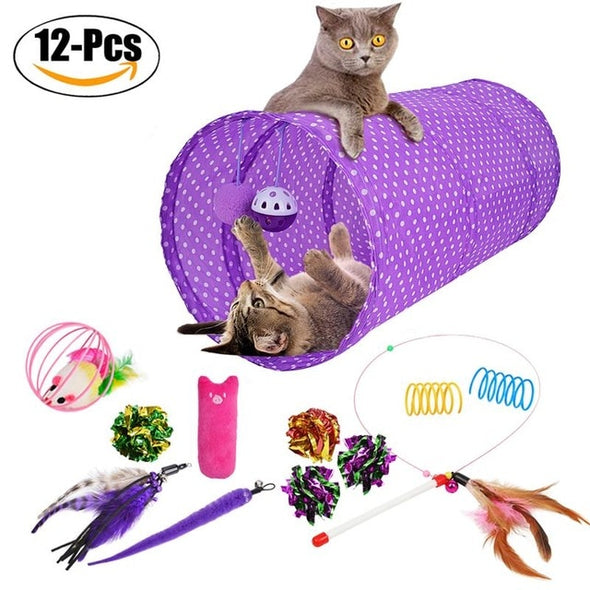 Pet Toy Set Collapsible Funny Playing Tunnel Toys Pet Tube Toys Cat Toys with Hanging Bell for Kittens 12PCS